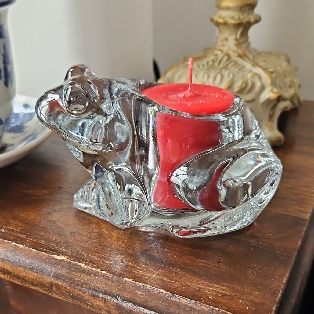 Clear Glass Frog Candle Holder - Indianna Glass Co. - Vintage